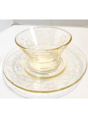 Yellow Depression Glass Lancaster Sherbet Cup w/ Saucer 6" Plate Flower 1930's